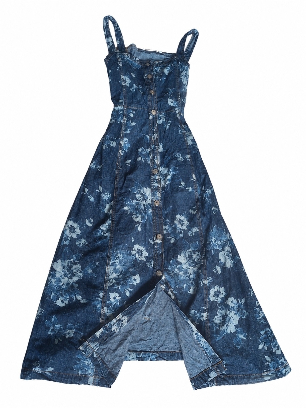 Floral Button-Front Denim Maxi Dress - Blue